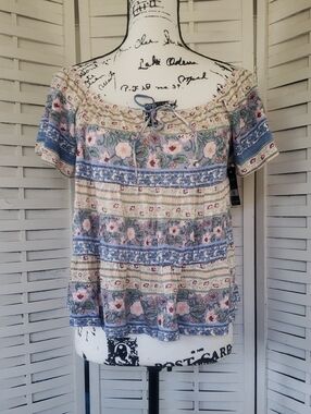 Lucky Brand Floral Peasant Top with Blue Trim - Women New